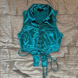 Teal Satin Lace-Up Cropped Top